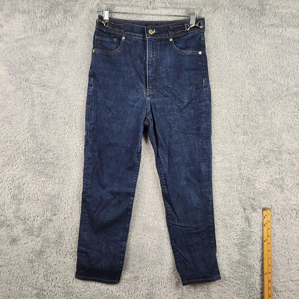Express Mom Jeans Womens 6R Dark Wash Blue Super High Rise Buckle Stretch Denim